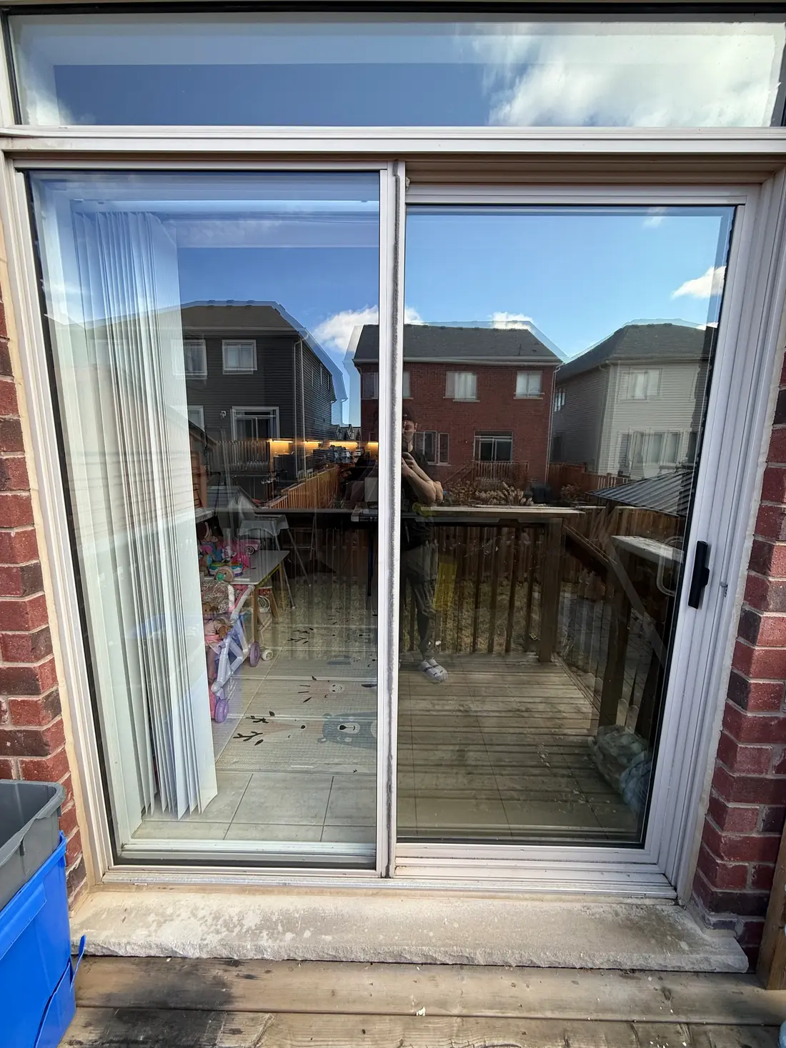A filmed patio door seen from outside, with an even, subtle finish.